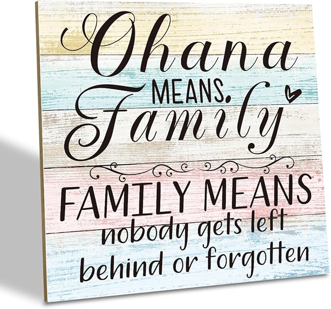 Family Wooden Plaque, “Family Means Nobody Gets Left Behind or Forgotten”, 6.2x6.2 Inch Table Art Sign, Farmhouse Quote Decor for Living Room or Home Tabletop A
