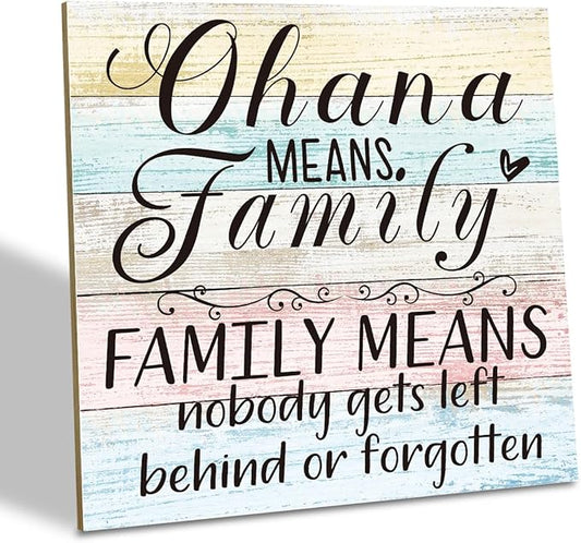 Family Wooden Plaque, “Family Means Nobody Gets Left Behind or Forgotten”, 6.2x6.2 Inch Table Art Sign, Farmhouse Quote Decor for Living Room or Home Tabletop A