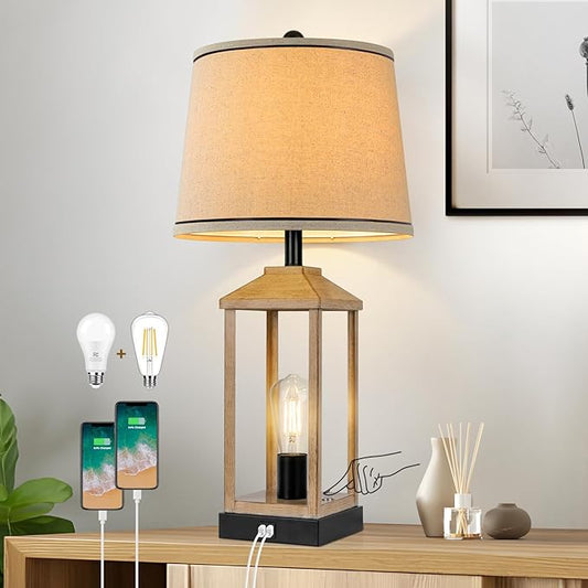 28" Farmhouse Table Lamp with 2 Light, 3-Way Dimmable Vintage Touch Control Nightstand Bedside Wood Lamp with USB Ports for Living Room, Bedroom, Home, Office, 2 Bulbs Included