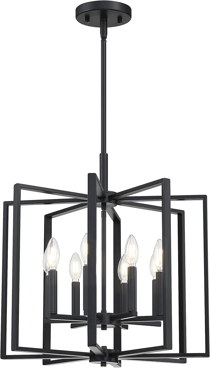 Leading Lighting 8 Light Farmhouse Chandelier Hanging Light Fixture Rustic Kitchen Island Lighting with Black Metal Frame for Entryway Dinning Room Bedroom