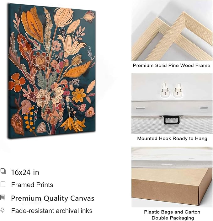 Boho Flower Canvas Wall Art Abstract Plant Wall decor pictures Orange Floral Poster Prints Mid Century Modern Flowers Painting For Living Room Bedroom Home Decorations (16inx24in canvas)