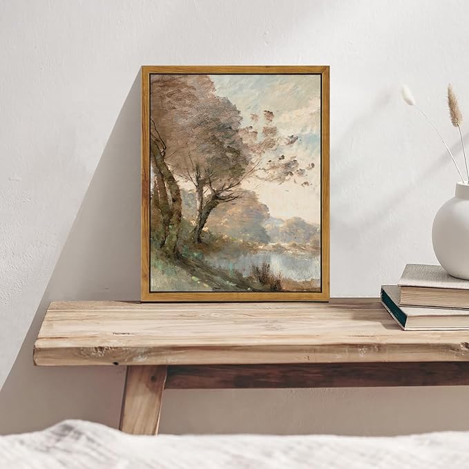 KBKBART Framed Canvas Wall Art Vintage Southwest Decor, Retro Neutral Landscape Riverside Botanical Art Prints Painting, Rustic Farmhouse Wall Decor Ready To Hang for Bedroom, Bathroom, Living Room,