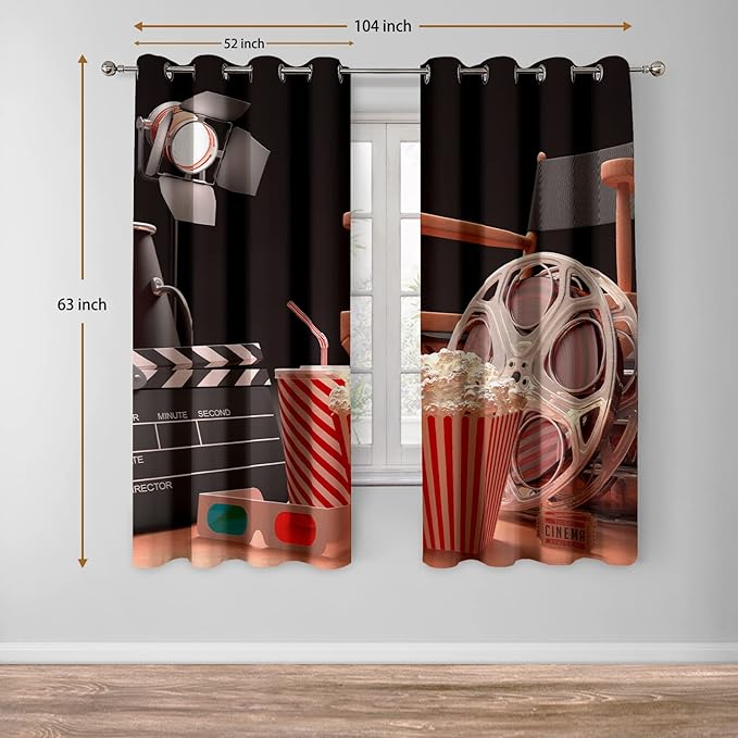 Jekeno Movie Theater Blackout Curtains Movie Theater Decor for Bedroom Living Room Object of Cinema Film Reel Motion Picture Red Black Print Grommet Window Drapes 2 Panel Set, 52"x63"