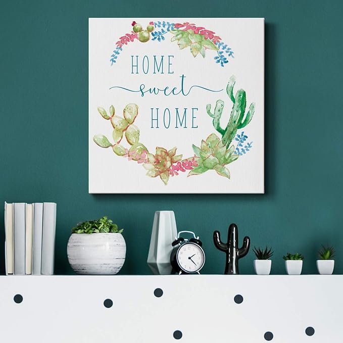 Wexford Home Square Premium Gallery Wrapped Canvas Flower Multicolor Wall Art Abstract Floral Romance Modern Pictures Print for Home Office, Ready to Hang, Cactus Vignette Wreath, 16x16