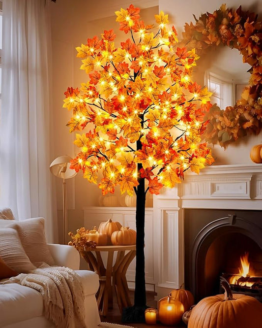 Agusbagli 7FT 128LED Lighted Maple Tree Thanksgiving Decorations with Timer 8 Modes Dimmable Artificial Fall Light Up Tree with 256 Leaves 32 Acorns for Harvest Indoor Outdoor Decor