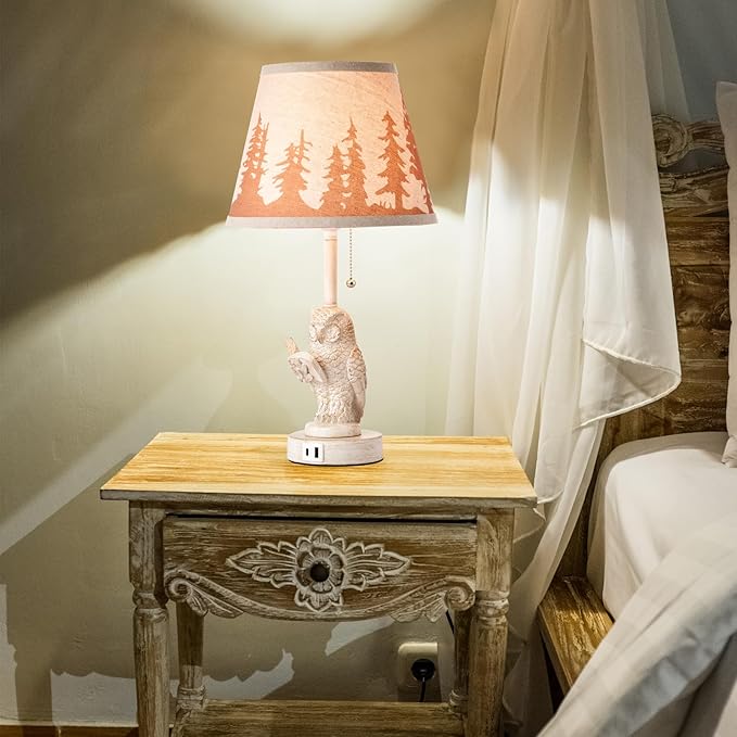 18.9" Farmhouse Lamps Set of 2,Owl White Rustic Table Lamps for Living Room with USB A+C Port,Vintage Resin Small Table Lamps,Pull Chain Table Lamp for Bedroom,Bedside,Nightstand,End Table