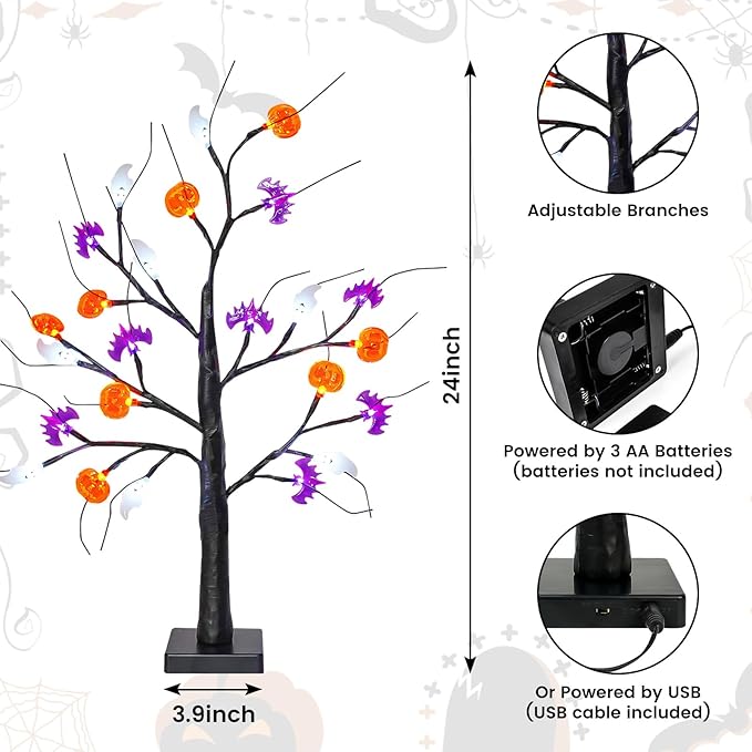 Halloween Decorations Indoor, 2-Pack 2FT Lighted Black Halloween Tree with 48 LED Pumpkin Bat Ghost Lights, Timer Function Battery Operated & USB Powered Spooky Tree Lights for Tabletop Home Party