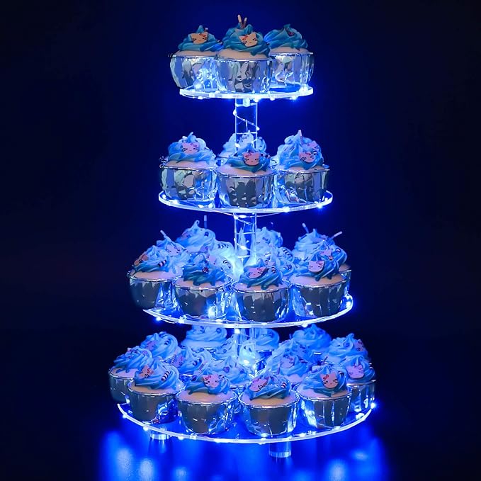 YestBuy 4 Tier Round Cupcake Stand – Premium Cupcake Holder – Acrylic Cupcake Tower Display- Cady Bar Party Décor + LED Light String – Ideal for Weddings, Birthday Parties & Events (Blue)