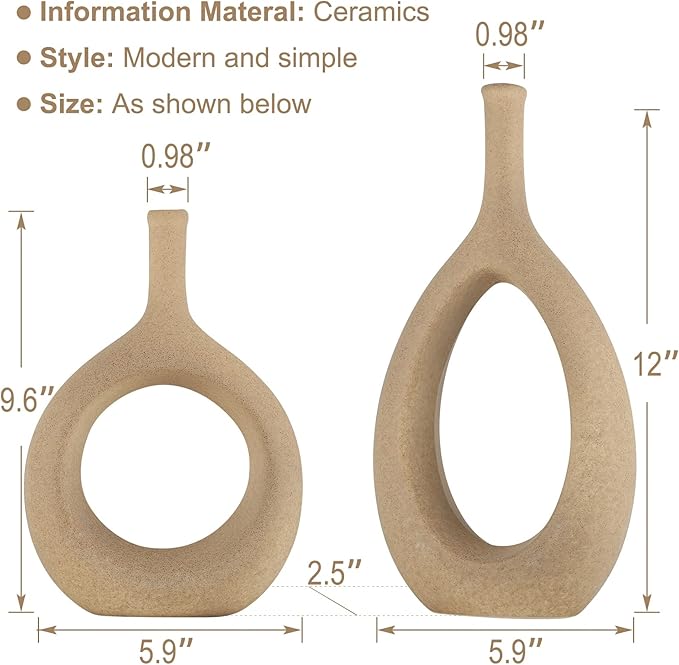 LCCCK Matte Beige Ceramic Vase, Tan Circle Vases with Hole, Neutral Rustic Centerpiece Table Decorations Flower Vase, Minimalist Vase Farmhouse Dinner Decor