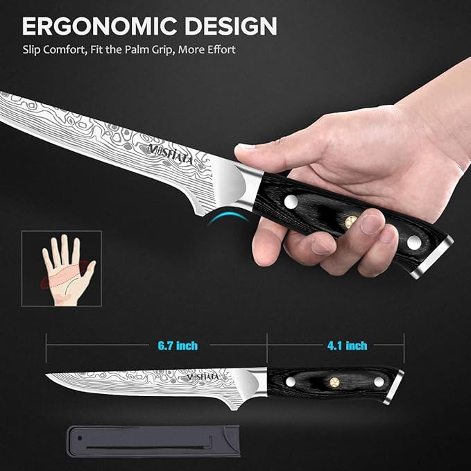 MOSFiATA 6" Boning Knife, Sharp Kitchen Cooking Knife with Finger Guard and Knife Sharpener, German High Carbon Stainless Steel EN1.4116 Chef’s Knife with Micarta Handle and Gift Box