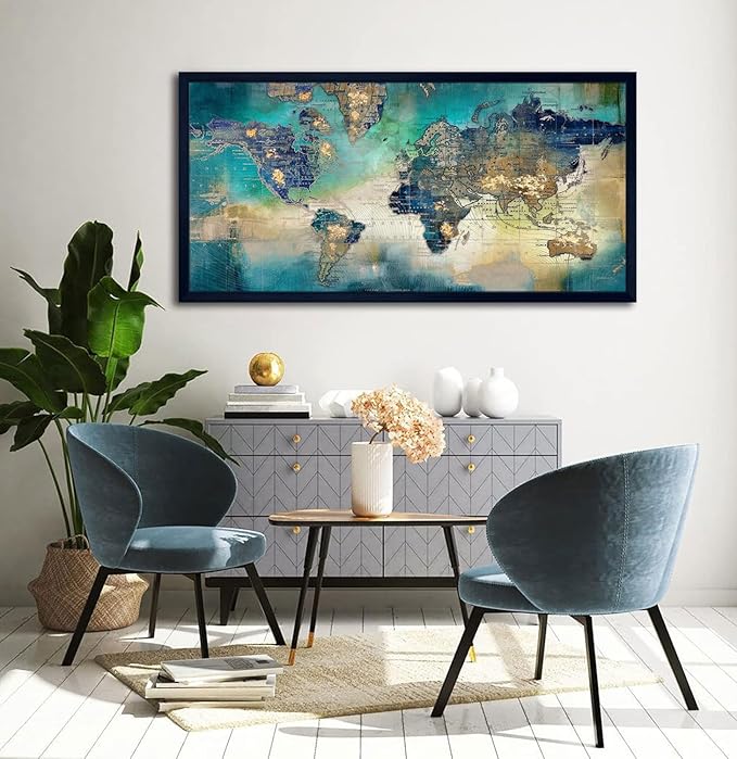 Large World Map Canvas Prints Wall Art for Living Room Office "29x58" Green World Map Picture Artwork Decor for Home Decoration Black Framed Wall Art