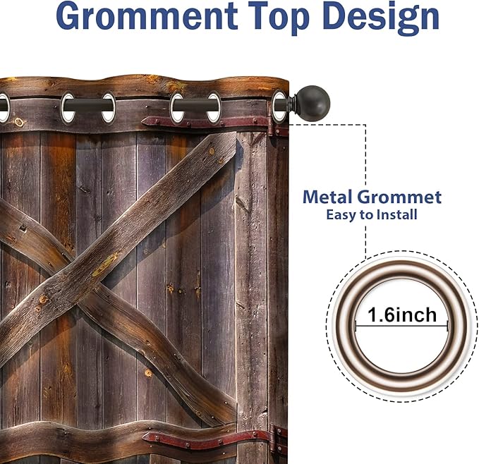 Jekeno Rustic Wooden Barn Door Blackout Curtains Vintage Farmhouse Wood Countryside Decor Sunlight Blocking Drapes Home Bedroom Living Room Grommet Window Drapes 2 Panel Set, 52"x84"