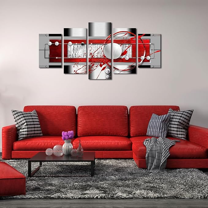 AWLXPHY Decor Abstract Canvas Wall Art Red Black Grey for Living Room Decor 5 Pieces Framed Painting Modern Simple Circle Round Line HD Print Artworks Giclee(White, W40 x H20)