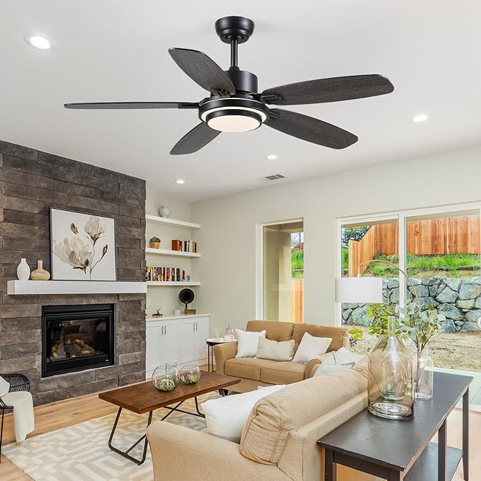 Ceiling Fan with Light and Remote/APP Control,50" Black Ceiling Fan with DC Reversible Motor, Quiet 6 Speeds Modern Flush Mount Ceiling fan Light for Bedroom,Dinnig Room,Indoor/Outdoor