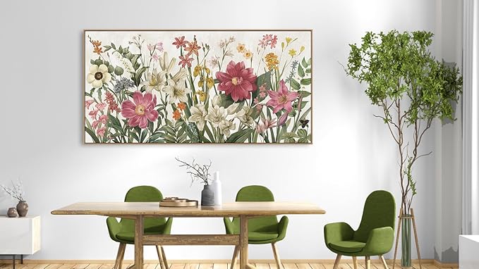 arteWOODS Botanical Framed Wall Art - Flowers Canvas Pictures Wall Decor Wildflowers Plants Painting Artwork Red Beige Blooming Floral Prints for Living Room Bedroom 58 x 29in Natural Wood Frame