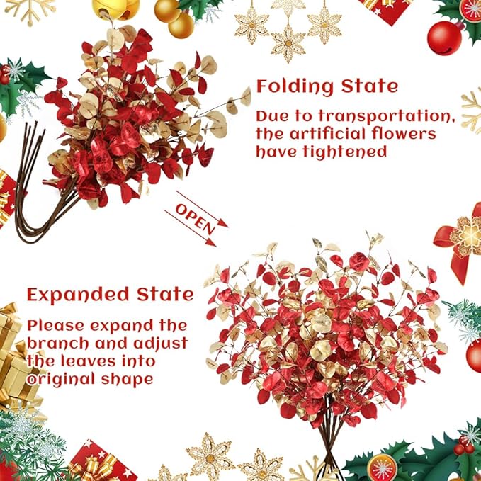 27.6’’ Christmas Artificial Flowers 6Pcs Red Gold Xmas Eucalyptus Stems for Table Centerpieces Faux Eucalyptus Leaves Branches for Christmas Floral Arrangements Home Farmhouse Party Decoration