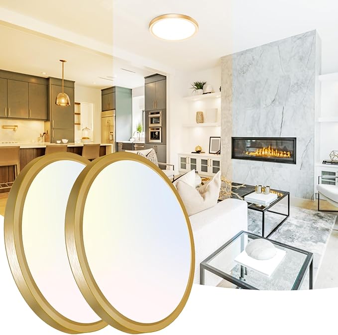 Peasur 12 Inch LED Ceiling Light Gold, 24W Slim Flush Mount Ceiling Light 3000K/4000K/6500K Adjustable, Modern Round Ceiling Lighting for Bedroom, Living Room, Kitchen(2 Pack)