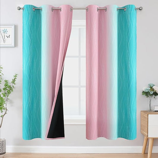 Estelar Textiler Teal and Pink Ombre Blackout Curtains for Bedroom, Full Room Darkening Grommet Curtains for Living Room, Thermal Insulated Light Blocking Gradient Drapes, 42Wx72L, 2 Panels
