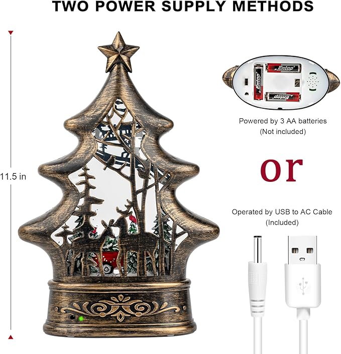 Christmas Snow Globe Lantern Water Glittering Christmas Tree with Red Truck, USB Lined/Battery Operated Lighted Lantern for Christmas Festival Decoration Gifts