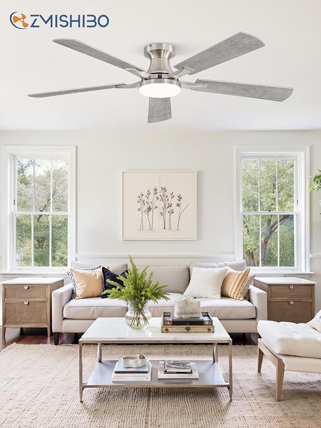 ZMISHIBO 52 Inch Ceiling Fan with Light, App&Remote Control, Flush Mount Low Profile, Dimmable 20W LED Light, Quiet Reversible Motor for Bedroom, Living Room, Apartment, Nickel