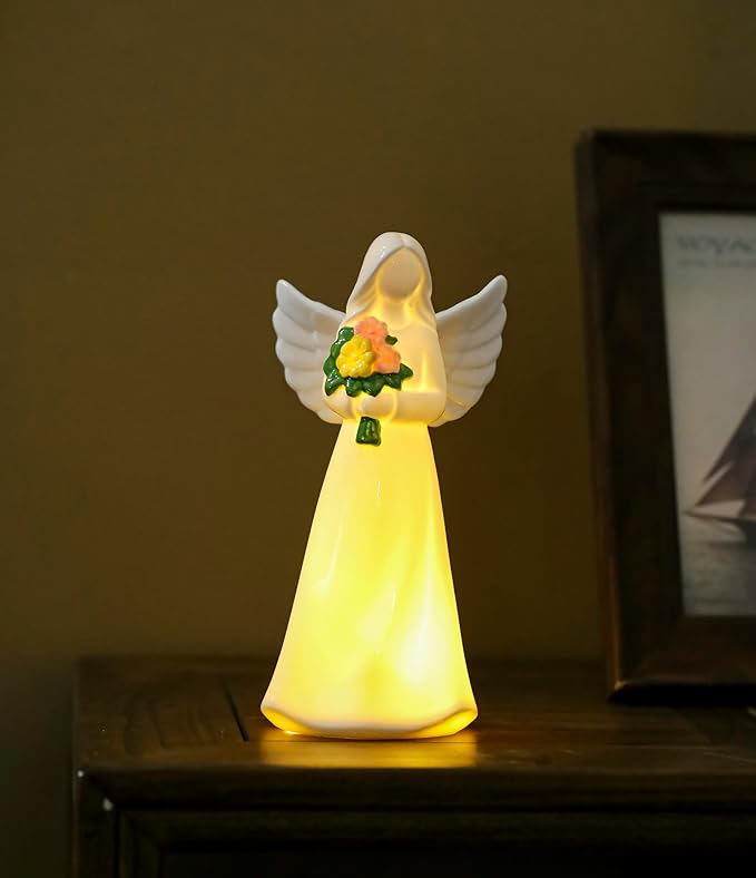ADAVAS.Y&G Lighted Angel Figurine with Flowers – Ceramic Angel Night Light – LED Memorial Angel Statue – Christian Gift for Women, Mom, Grandma, Sympathy or Mother’s Day