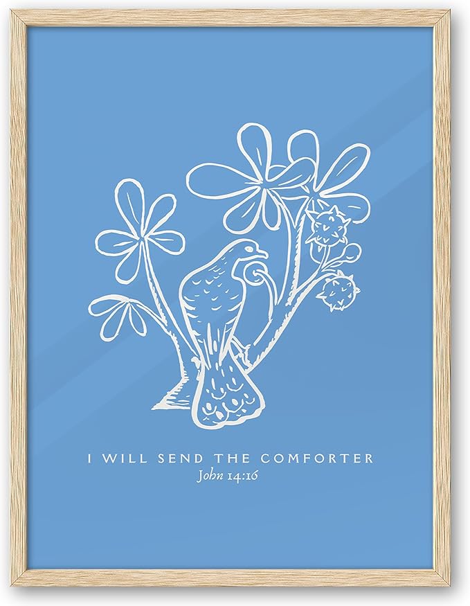 EcoHest Large 16x20in OAK Wood Framed Wall Art, John 14:16 I Will Send The Comforter Bible Verse Christian Canvas Wall Decor, Blue Jesus Prints for Bedroom Living Bathroom Religious Gift 1 Pack