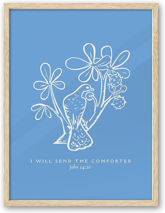 EcoHest Large 16x20in OAK Wood Framed Wall Art, John 14:16 I Will Send The Comforter Bible Verse Christian Canvas Wall Decor, Blue Jesus Prints for Bedroom Living Bathroom Religious Gift 1 Pack