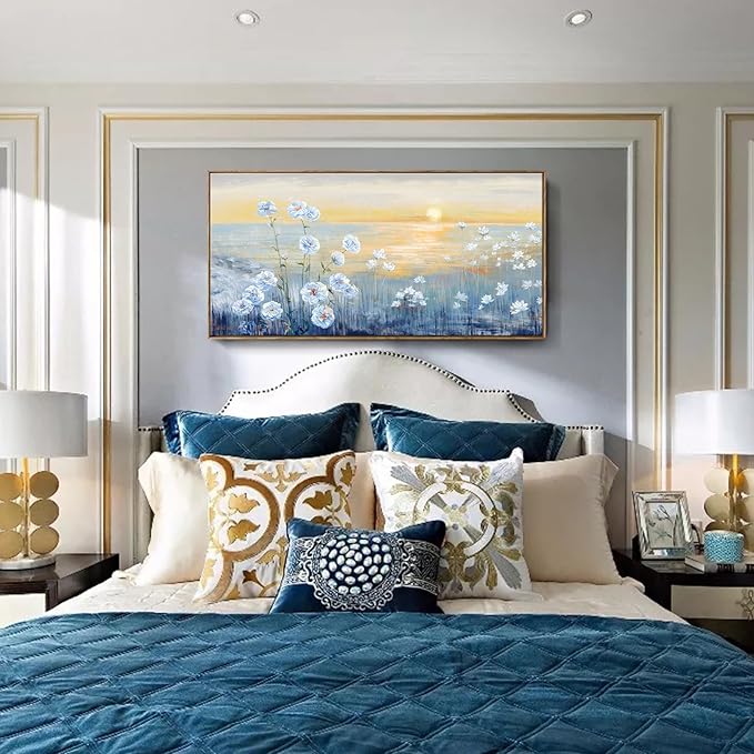 Framed Wall Art for Living Room Blue Ocean Beach Sunset Seascape Painting Abstract Coastal Flowers Canvas Print Seaside White Wildflowers Picture Sunrise Yellow Orange Sky Nature Landscape 24x48inch