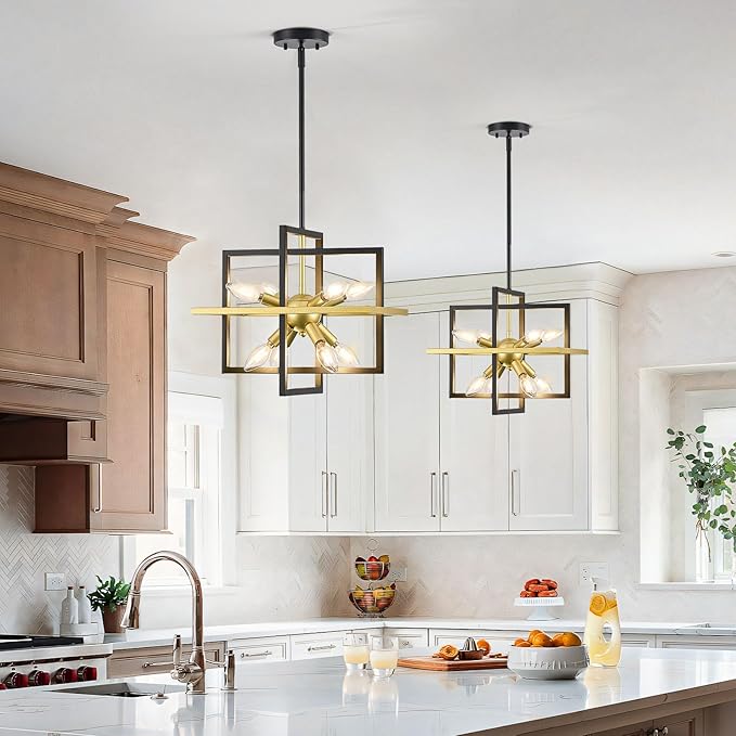 Small Modern Lantern Chandeliers, Geometric Black Gold Pendant Light Fixture, 8-Light Industrial Hanging Chandelier for Dining Room, Kitchen, Bedroom, Foyer, Entryway-UL Listed