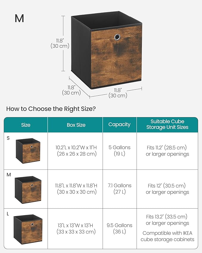 SONGMICS Storage Cubes, Set of 8 Storage Bins, Foldable Fabric Storage Boxes, 11.8 x 11.8 x 11.8 Inches, Fit Cube Storage Unit, for Clothes, Bedroom, Living Room, Rustic Brown and Ink Black URFB830B01