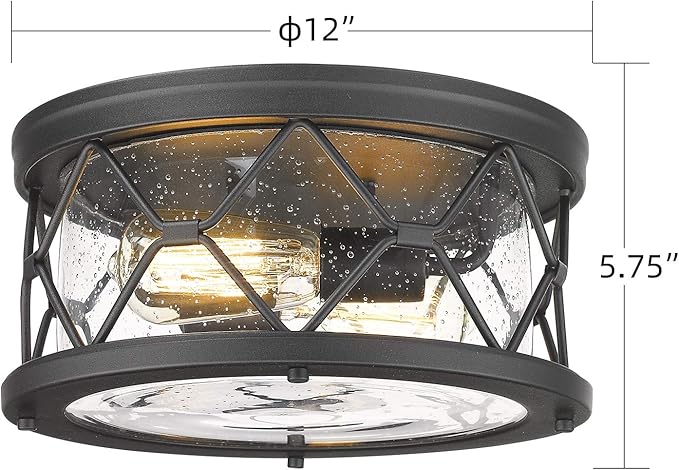 zeyu 2-Light Black Flush Mount Ceiling Light - Modern Industrial Ceiling Light Fixture for Kitchen Hallway Bedroom, Black Finish with Seeded Glass Cover, ZW22-F BK