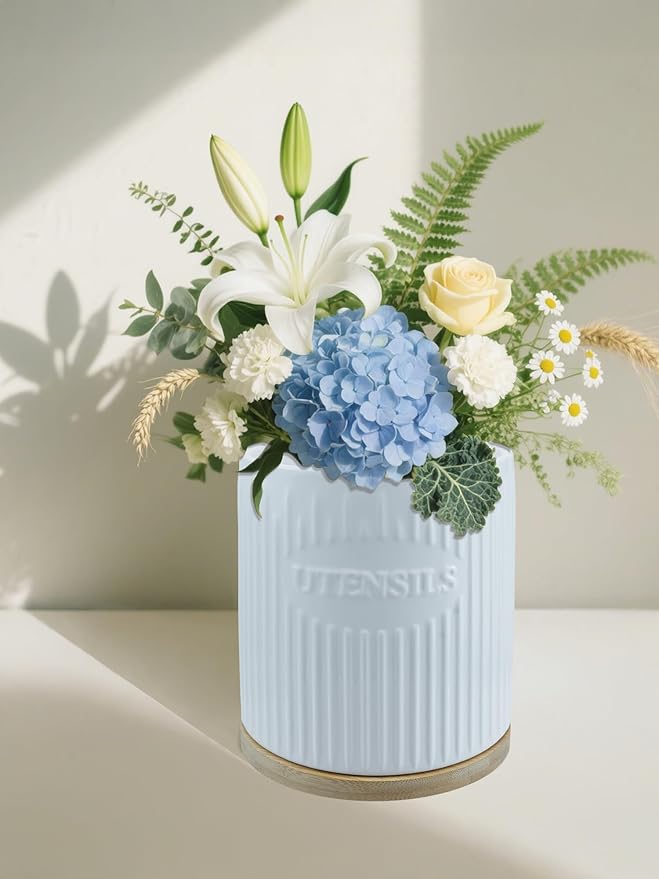 360° Rotating Utensil Holder, 7.6" Large Ceramic Kitchen Utensil Holder for Countertop with Bamboo Base, Stable Utensil Organizer, Farmhouse kitchen Decor, White