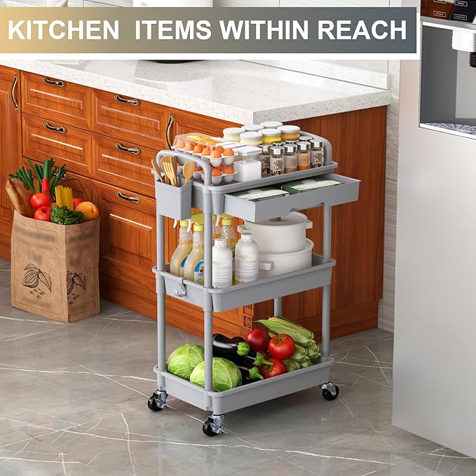 Goovilla 3 Tier Rolling Utility Cart Organizer with Removable Drawer, Stable and Sturdy Grey Rolling Storage Carts with 2 Lockable Wheels for Bathroom, Kitchen, Snack, Craft, Makeup, Baby Essentials