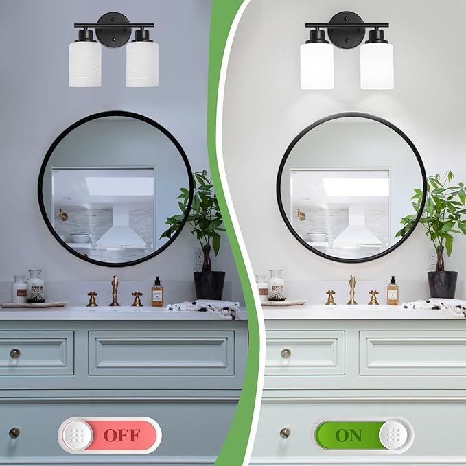 2-Light Vanity Lights, Black Bathroom Light Fixture with Striped Textured Milky White Glass Shade, Modern Vanity Lighting Fixture for Bathroom Wall Light Over Mirror, E26 Wall Sconce