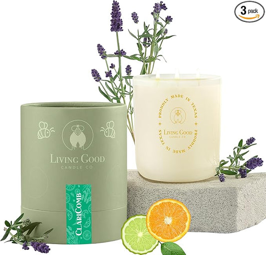 Claricomb - Lavender & Bergamot Pure Beeswax Candle – 90+ Hours Long Burning Classically Designed Non-Toxic Scented Candles for Home Decor and Aromatherapy to Stress Relief