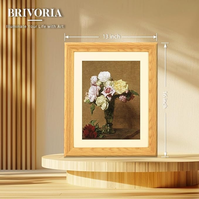 Brivoria Framed Canvas Wall Art Vintage Decor, Colorful Roses in Fluted Vase Autumn Botanical Still Life Print with Warm Brown Background for Entryway Hallway Reading Nook or Rustic Fall Display,13x16
