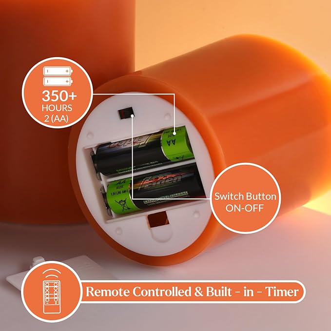 Eywamage Orange Flameless Pillar Candles with Remote, Halloween Fall LED Candles Battery Operated Real Wax, Set of 3