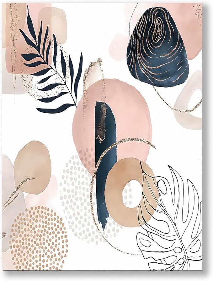 Boho Wall Art Prints, Boho Wall Decor, Abstract Pink and Navy Blue Botanical Design Minimalist Art, Natural Framed Canvas Prints Artwork For Living Room Bathroom Bedroom Wall Decor 12"x16"