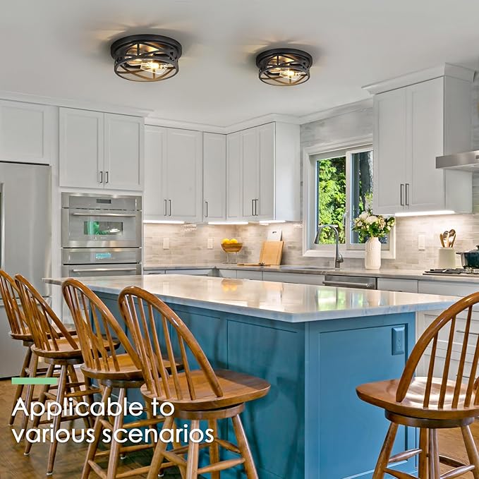 Black Flush Mount Ceiling Light Fixture,2-Light Industrial Farmhouse Ceiling Light Fixture，Black Light Fixture Ceiling Mount for Kitchen Bedroom Living Room Hallway 1 Pack