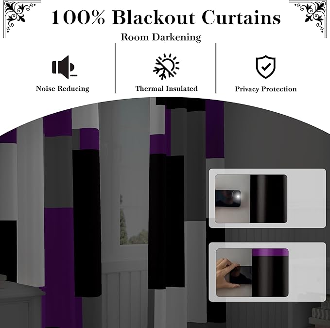 Purple 100% Blackout Curtains for Bedroom 45 inch Length 2 Panels Set Grey Modern Abstract Geometric Black Out Curtains Insulated Room Darkening Window Drapes for Living Room, 52Wx45L