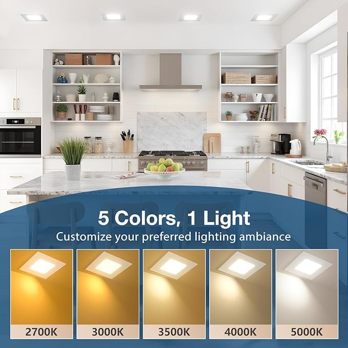 Amico 6 Pack 6 Inch Ultra-Thin LED Square Recessed Light with Junction Box, 5CCT 2700K/3000K/3500K/4000K/5000K Selectable, 1050LM Brightness, Dimmable Canless Wafer Downlight, 12W, ETL&FCC