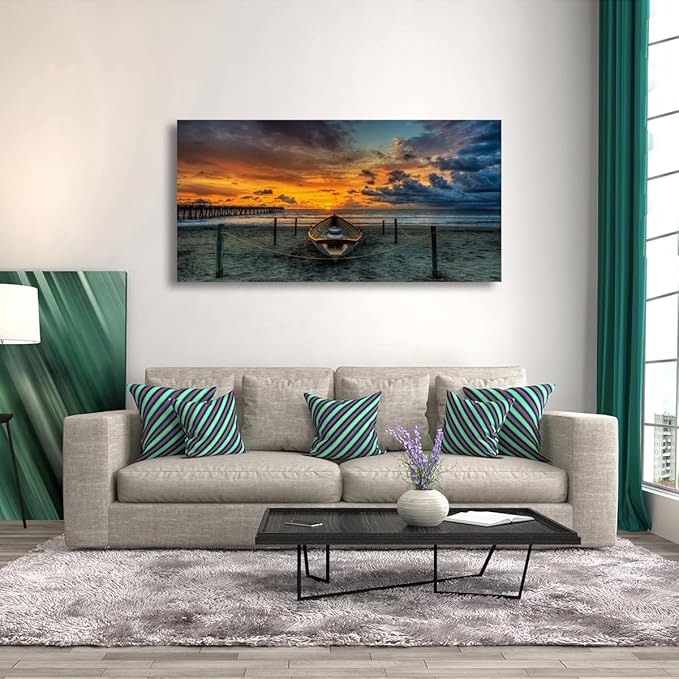Beach Themed Wall Art Canvas Prints Seascape Poster Bathroom Décor Boat Ocean Sunset Landscape Paintings for Bedroom Dining Room Home Kitchen Decorations Natural Artwork 28x57 Picture Wooden Frames
