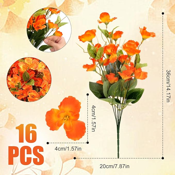 16 Bundles Fall Flowers Artificial for Decoration, Faux Fall Flowers for Outdoor Planters, Autumn Fake Hibiscus Syriacus Silk Flowers Plants Look Real UV Resistant for Outside Home Porch Patio