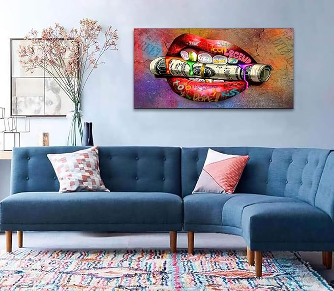 Large Size Canvas Sexy Red Lips with Rolled Dollar Wall Art Abstract Creative Modern Home Decor Artwork for Home Walls Large Prints Inspirational Framed Posters Gift Choice for Men and Women-48"Wx24"H