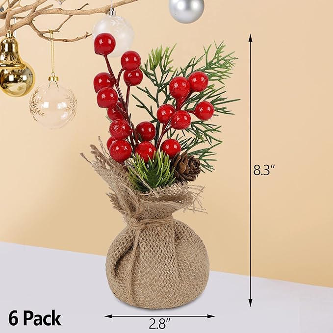 winemana 6 Pcs Mini Christmas Tree Table Decorations, 8" Small Artificial Trees with Red Berries Pine Cone Greenery Tabletop Centerpiece for Home Office Room Holiday Decorations