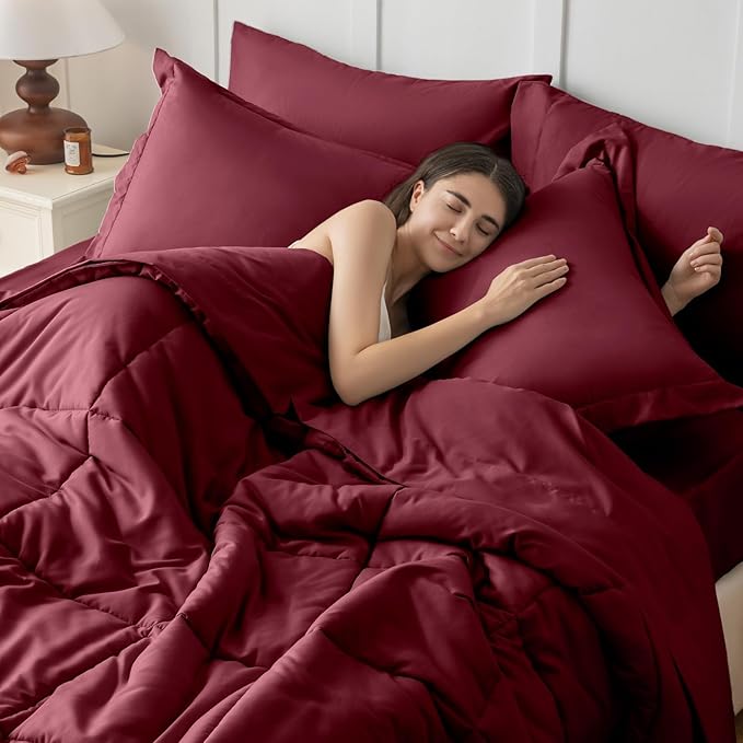 JOLLYVOGUE King Comforter Set, Ultra-Soft Bed in a Bag King Size 7 Pieces, Oeko-TEX Certified Bedding Set with Down Alternative Comforter, Sheets, Pillowcases & Shams, Burgundy