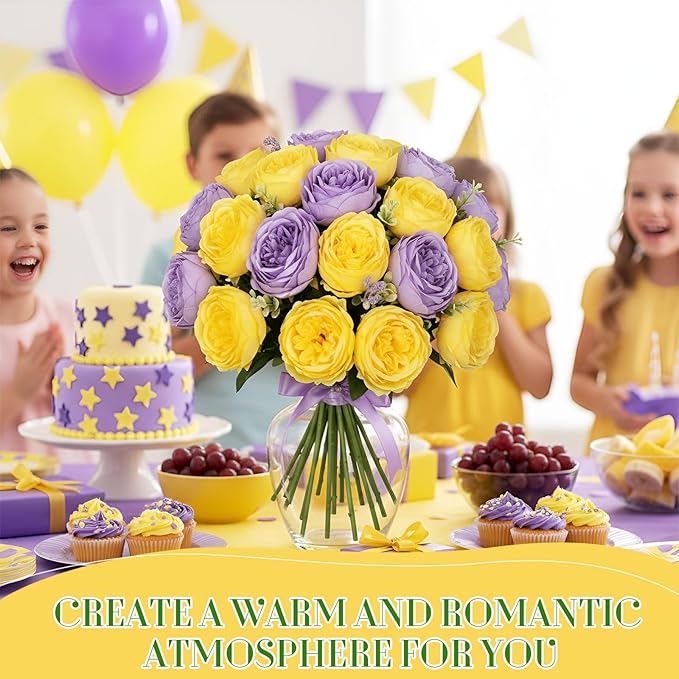Geosar 16 Bundles Artificial Peonies Flowers Fake Silk Peony Bouquet Faux Peonies Flowers Bulk for Decoration Vase Florals Arrangements Wedding Party Table (Purple,Yellow)