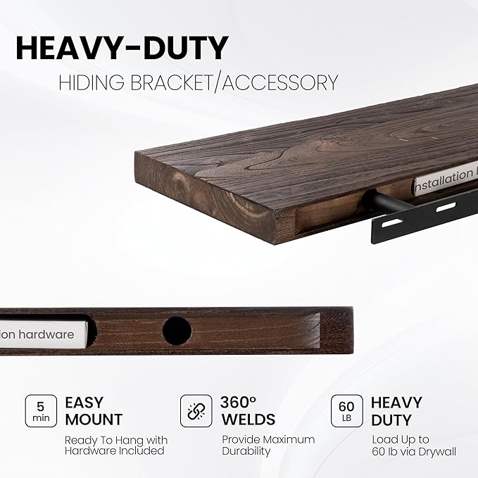 72 Inch Floating Shelves for Wall, Rustic Elm Wood Floating Shelves for Home Décor, Wall-Mounted Display Shelves with Heavy-Duty Bracket, Long Floating Shelf for Kitchen, Living Room, Walnut