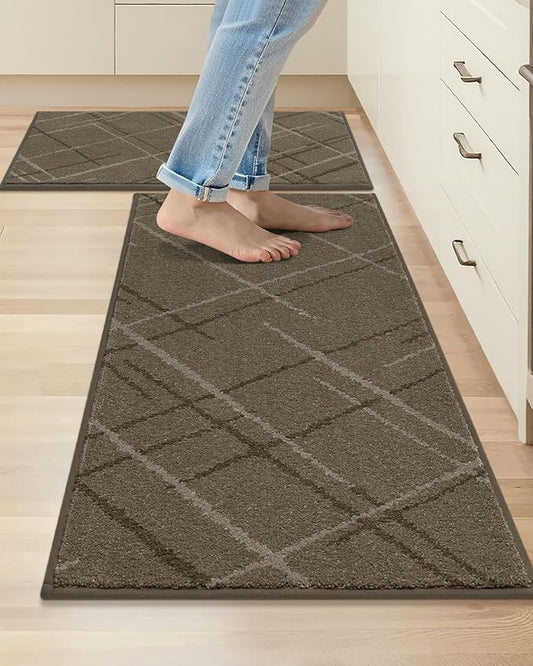 COSY HOMEER Kitchen Mats, 2 PCS Kitchen Rug Non Slip Washable, Absorbent Runner Rugs for Kitchen Floor, Polyester Kitchen Sink Rug 20"x32" + 20"x48"(Brown)