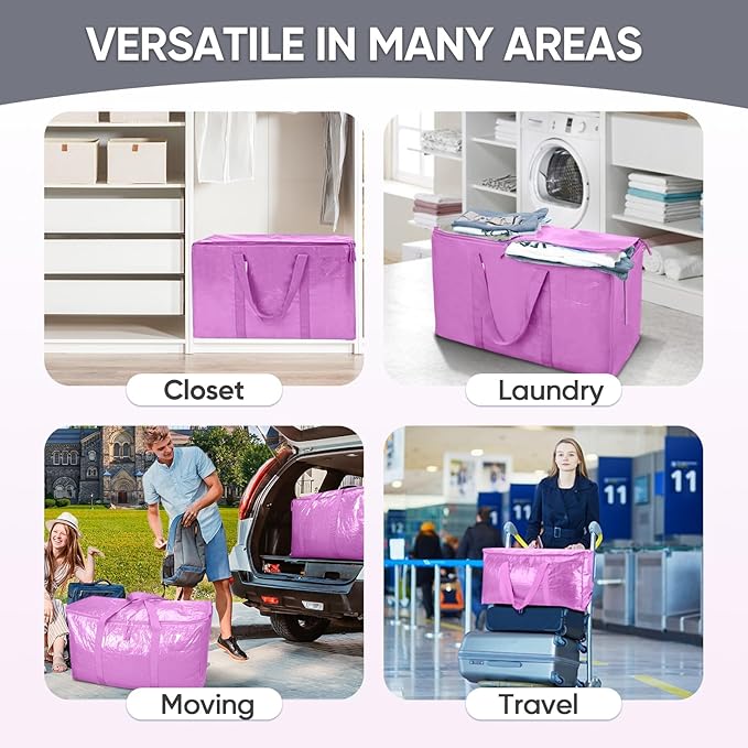 TICONN 4 Pack Extra Large Moving Bags with Zippers & Carrying Handles, Heavy-Duty Storage Tote Moving Boxes for Space Saving (4 Pack, Pink)